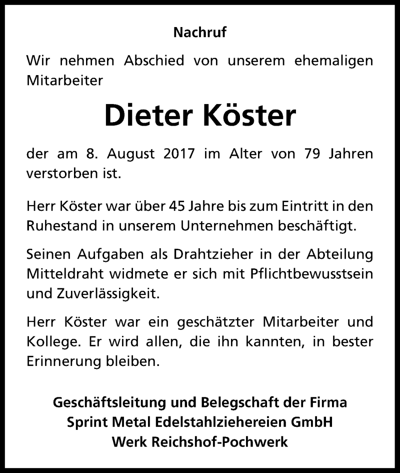  Traueranzeige für Dieter Köster vom 19.08.2017 aus Kölner Stadt-Anzeiger / Kölnische Rundschau / Express