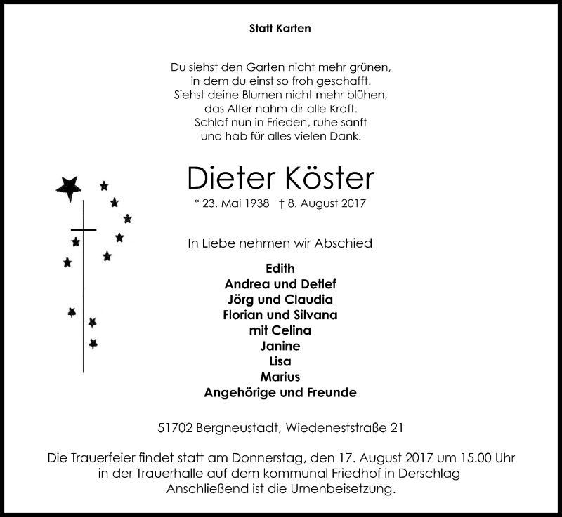  Traueranzeige für Dieter Köster vom 12.08.2017 aus Kölner Stadt-Anzeiger / Kölnische Rundschau / Express