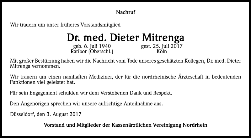  Traueranzeige für Dieter Mitrenga vom 05.08.2017 aus Kölner Stadt-Anzeiger / Kölnische Rundschau / Express