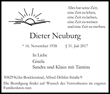 Anzeige von Dieter Neuburg von Kölner Stadt-Anzeiger / Kölnische Rundschau / Express