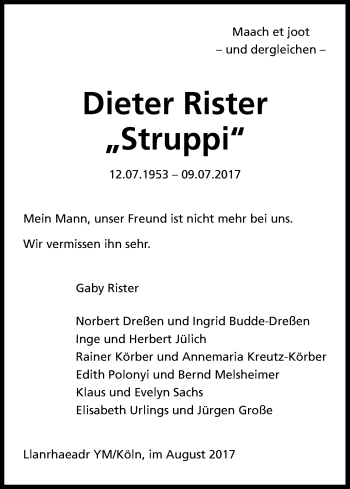 Anzeige von Dieter Rister von Kölner Stadt-Anzeiger / Kölnische Rundschau / Express