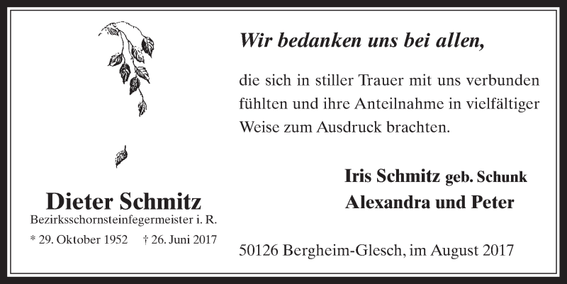  Traueranzeige für Dieter Schmitz vom 16.08.2017 aus  Werbepost 