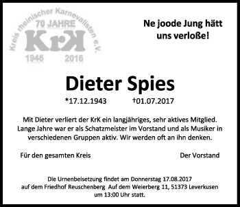 Anzeige von Dieter Spies von Kölner Stadt-Anzeiger / Kölnische Rundschau / Express