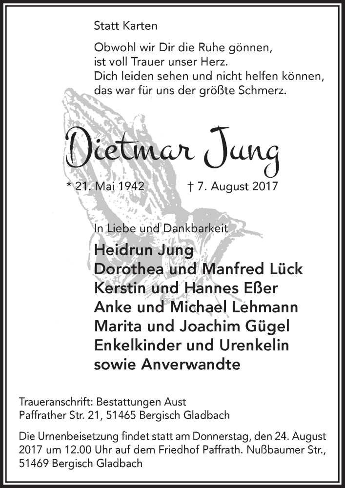  Traueranzeige für Dietmar Jung vom 16.08.2017 aus  Bergisches Handelsblatt 