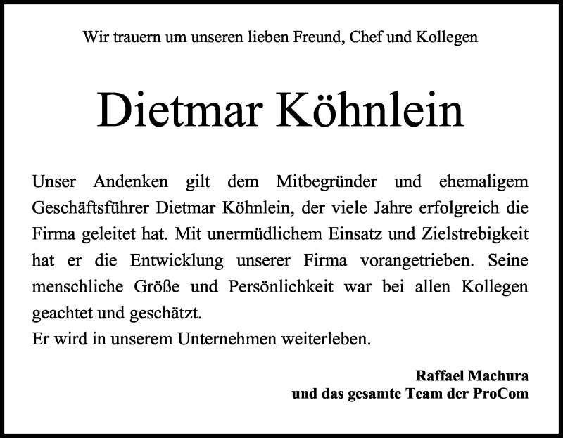  Traueranzeige für Dietmar Köhnlein vom 05.08.2017 aus Kölner Stadt-Anzeiger / Kölnische Rundschau / Express