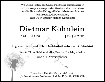 Anzeige von Dietmar Köhnlein von Kölner Stadt-Anzeiger / Kölnische Rundschau / Express