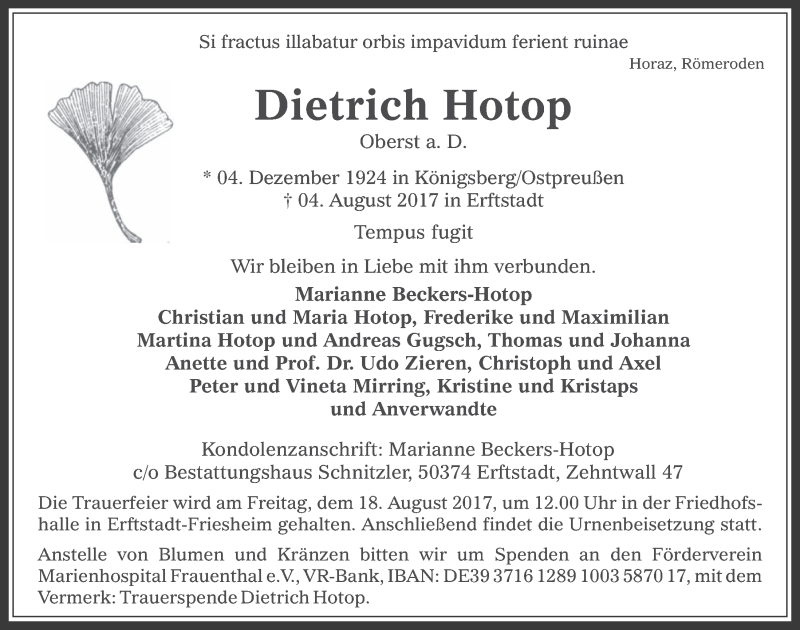  Traueranzeige für Dietrich Hotop vom 16.08.2017 aus  Werbepost 