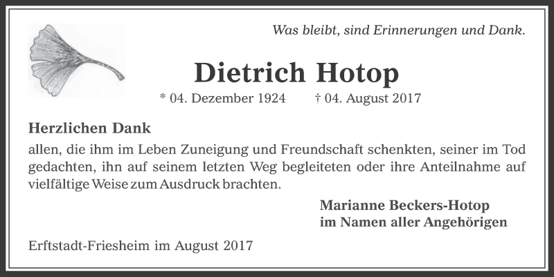  Traueranzeige für Dietrich Hotop vom 30.08.2017 aus  Werbepost 