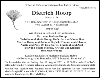 Anzeige von Dietrich Hotop von Kölner Stadt-Anzeiger / Kölnische Rundschau / Express