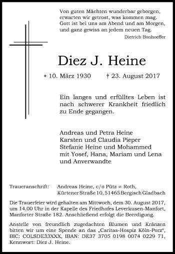 Anzeige von Diez Heine von Kölner Stadt-Anzeiger / Kölnische Rundschau / Express