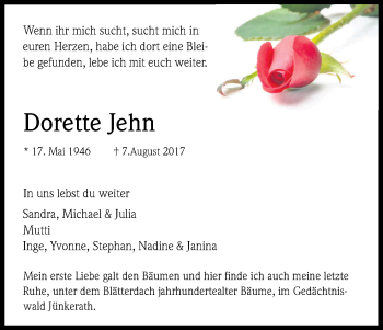 Anzeige von Dorette Jehn von Kölner Stadt-Anzeiger / Kölnische Rundschau / Express
