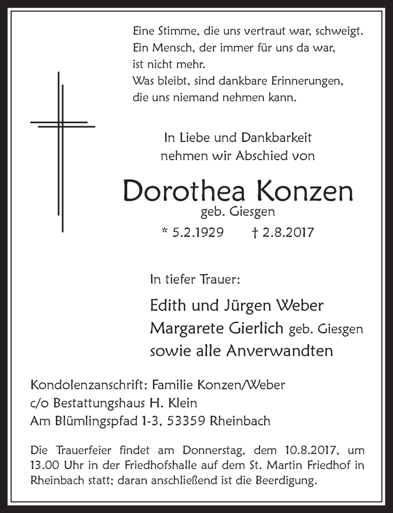  Traueranzeige für Dorothea Konzen vom 09.08.2017 aus  Schaufenster/Blickpunkt 