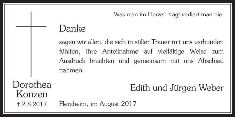  Traueranzeige für Dorothea Konzen vom 30.08.2017 aus  Schaufenster/Blickpunkt 