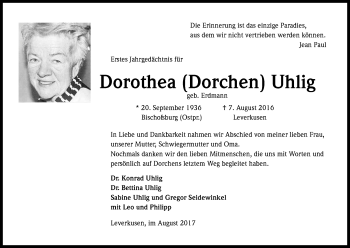 Anzeige von Dorothea Dorchen Uhlig von Kölner Stadt-Anzeiger / Kölnische Rundschau / Express