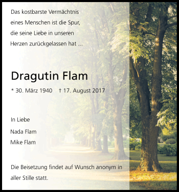 Anzeige von Dragutin Flam von Kölner Stadt-Anzeiger / Kölnische Rundschau / Express