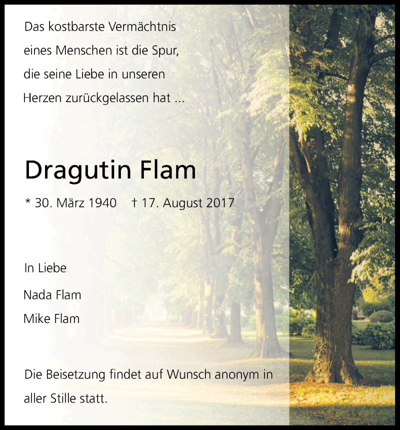  Traueranzeige für Dragutin Flam vom 23.08.2017 aus Kölner Stadt-Anzeiger / Kölnische Rundschau / Express