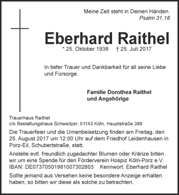 Anzeige von Eberhard Raithel von  Kölner Wochenspiegel 