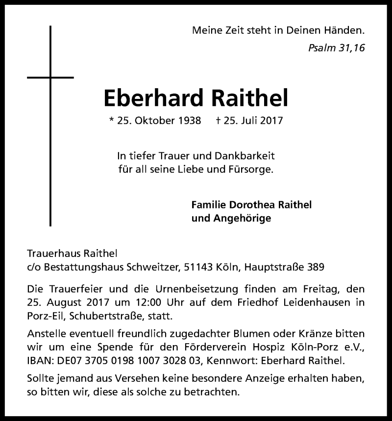  Traueranzeige für Eberhard Raithel vom 19.08.2017 aus Kölner Stadt-Anzeiger / Kölnische Rundschau / Express