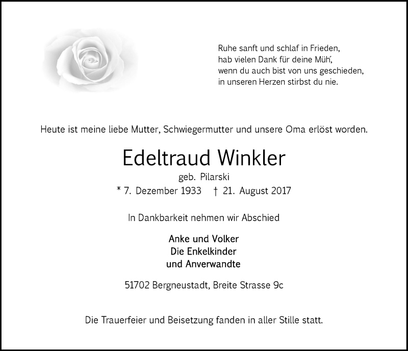  Traueranzeige für Edeltraud Winkler vom 30.08.2017 aus  Anzeigen Echo 