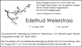 Anzeige von Edeltrud Weierstrass von  Schlossbote/Werbekurier 