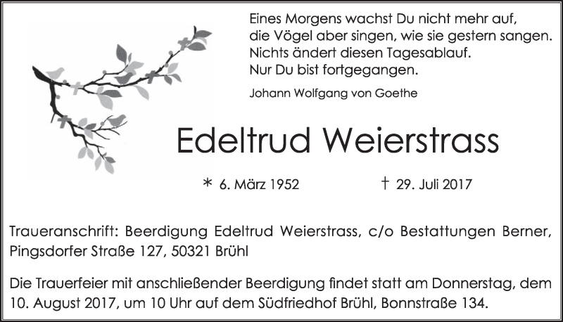  Traueranzeige für Edeltrud Weierstrass vom 09.08.2017 aus  Schlossbote/Werbekurier 