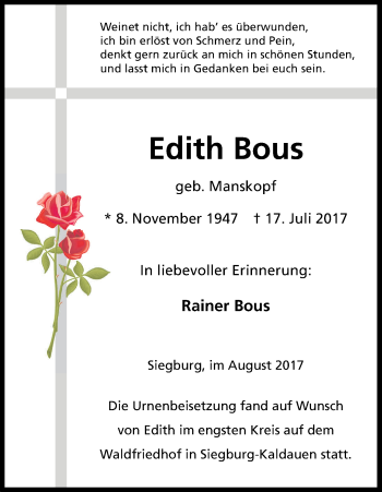 Anzeige von Edith Bous von Kölner Stadt-Anzeiger / Kölnische Rundschau / Express