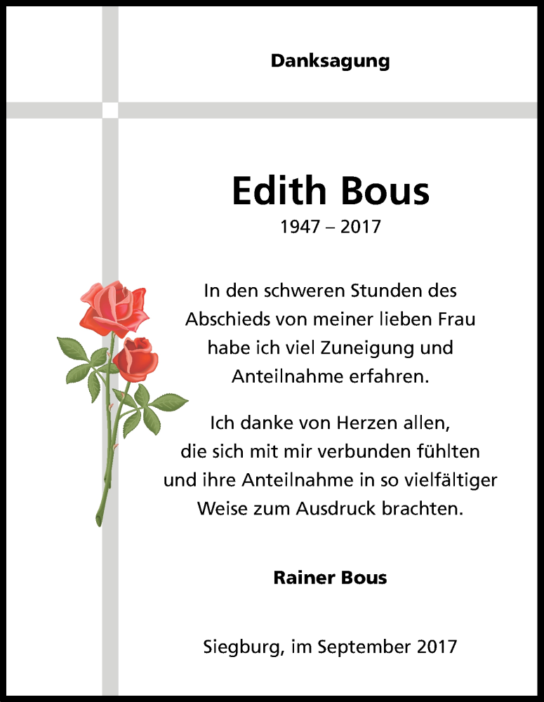  Traueranzeige für Edith Bous vom 01.09.2017 aus Kölner Stadt-Anzeiger / Kölnische Rundschau / Express