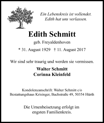 Anzeige von Edith Schmitt von Kölner Stadt-Anzeiger / Kölnische Rundschau / Express