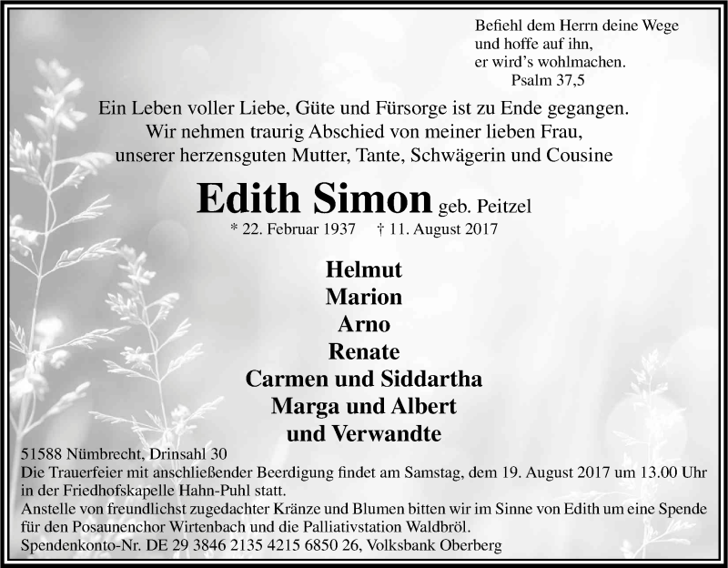  Traueranzeige für Edith Simon vom 16.08.2017 aus Kölner Stadt-Anzeiger / Kölnische Rundschau / Express