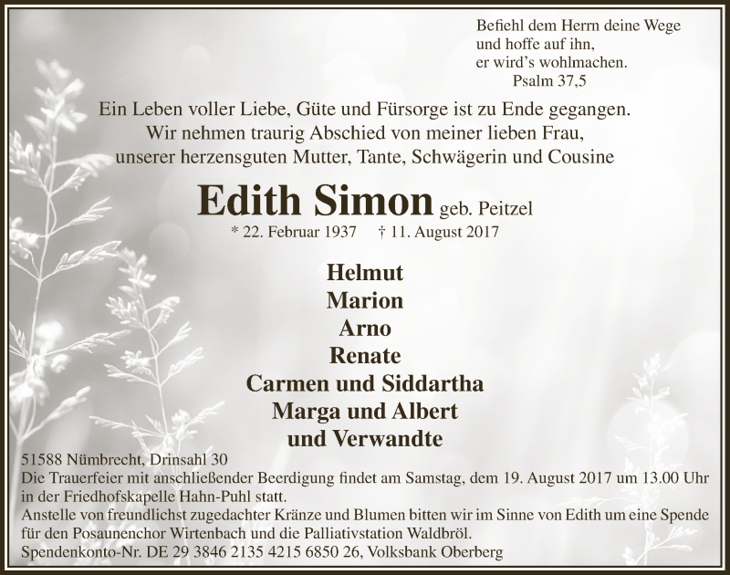  Traueranzeige für Edith Simon vom 16.08.2017 aus  Lokalanzeiger 