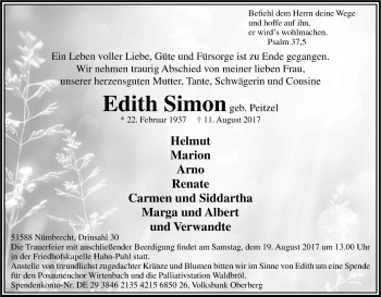 Anzeige von Edith Simon von Kölner Stadt-Anzeiger / Kölnische Rundschau / Express