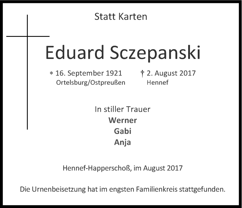  Traueranzeige für Eduard Sczepanski vom 12.08.2017 aus Kölner Stadt-Anzeiger / Kölnische Rundschau / Express