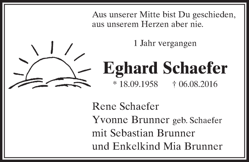  Traueranzeige für Eghard Schaefer vom 02.08.2017 aus  Schlossbote/Werbekurier 