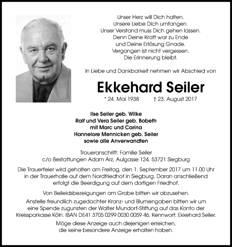  Traueranzeige für Ekkehard Seiler vom 26.08.2017 aus Kölner Stadt-Anzeiger / Kölnische Rundschau / Express