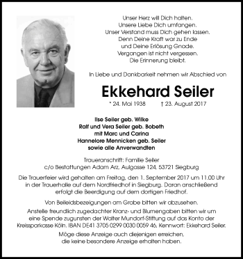 Anzeige von Ekkehard Seiler von Kölner Stadt-Anzeiger / Kölnische Rundschau / Express