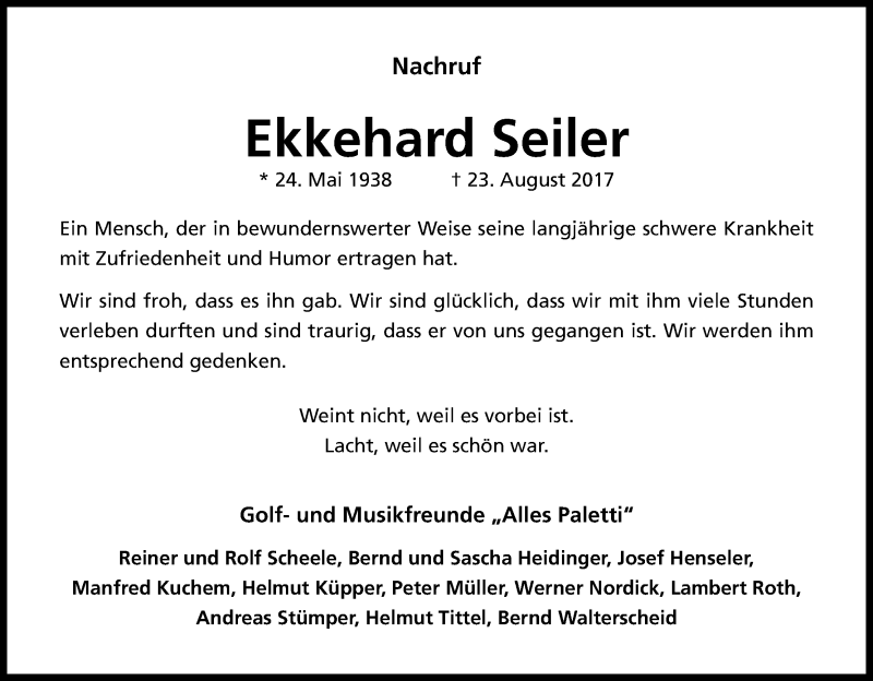  Traueranzeige für Ekkehard Seiler vom 26.08.2017 aus Kölner Stadt-Anzeiger / Kölnische Rundschau / Express