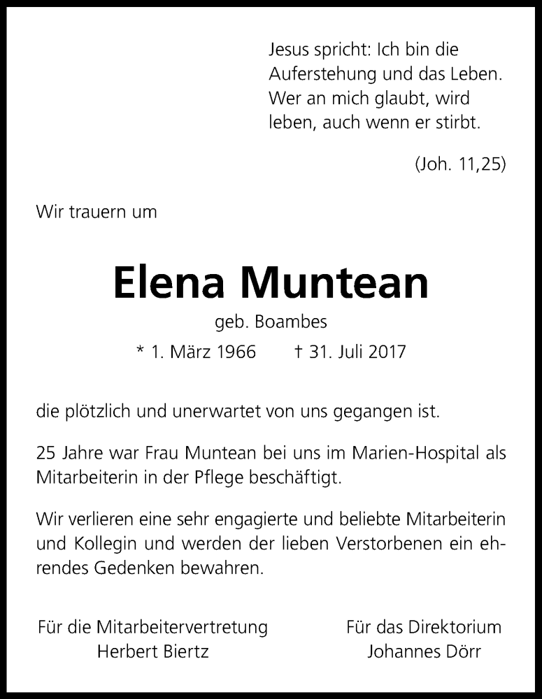  Traueranzeige für Elena Muntean vom 16.08.2017 aus Kölner Stadt-Anzeiger / Kölnische Rundschau / Express