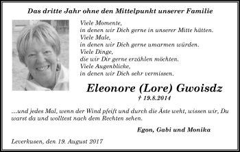 Anzeige von Eleonore Lore Gwoisdz von Kölner Stadt-Anzeiger / Kölnische Rundschau / Express