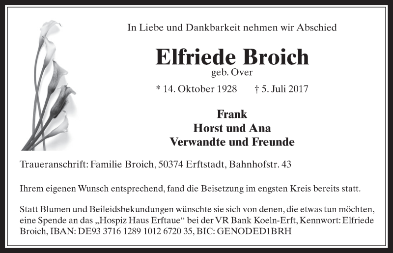  Traueranzeige für Elfriede Broich vom 02.08.2017 aus  Werbepost 