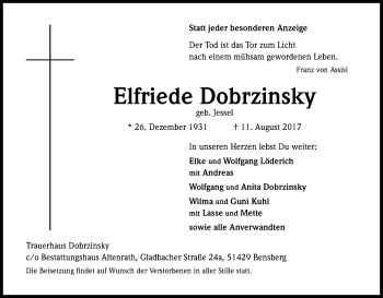 Anzeige von Elfriede Dobrzinsky von Kölner Stadt-Anzeiger / Kölnische Rundschau / Express