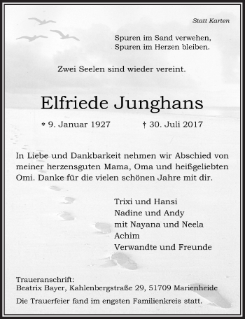 Anzeige von Elfriede Junghans von  Anzeigen Echo 