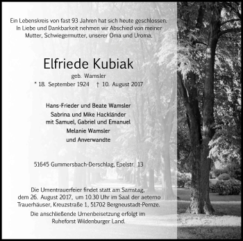 Anzeige von Elfriede Kubiak von Kölner Stadt-Anzeiger / Kölnische Rundschau / Express