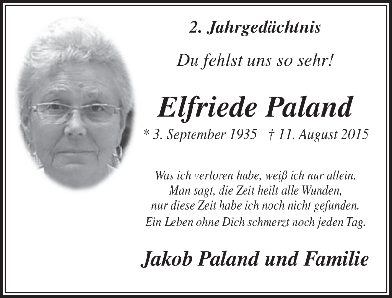  Traueranzeige für Elfriede Paland vom 09.08.2017 aus  Lokale Informationen 