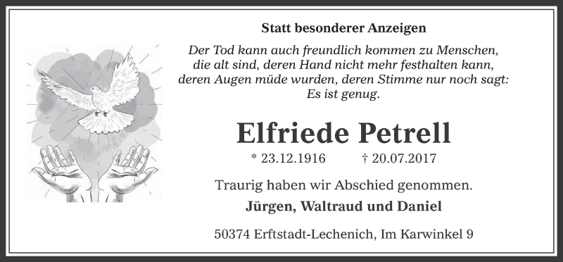  Traueranzeige für Elfriede Petrell vom 02.08.2017 aus  Werbepost 
