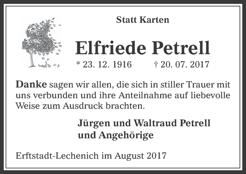  Traueranzeige für Elfriede Petrell vom 23.08.2017 aus  Werbepost 
