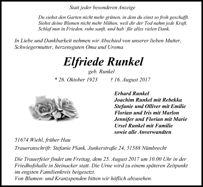  Traueranzeige für Elfriede Runkel vom 19.08.2017 aus Kölner Stadt-Anzeiger / Kölnische Rundschau / Express