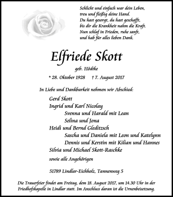 Anzeige von Elfriede Skott von Kölner Stadt-Anzeiger / Kölnische Rundschau / Express