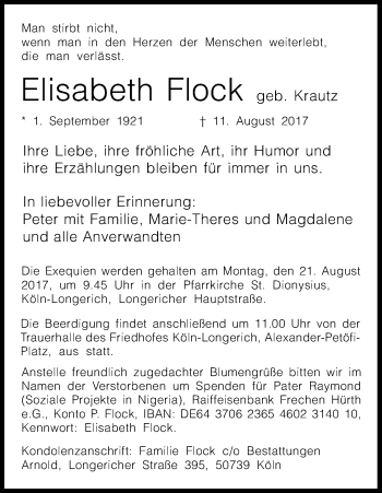 Anzeige von Elisabeth Flock von Kölner Stadt-Anzeiger / Kölnische Rundschau / Express