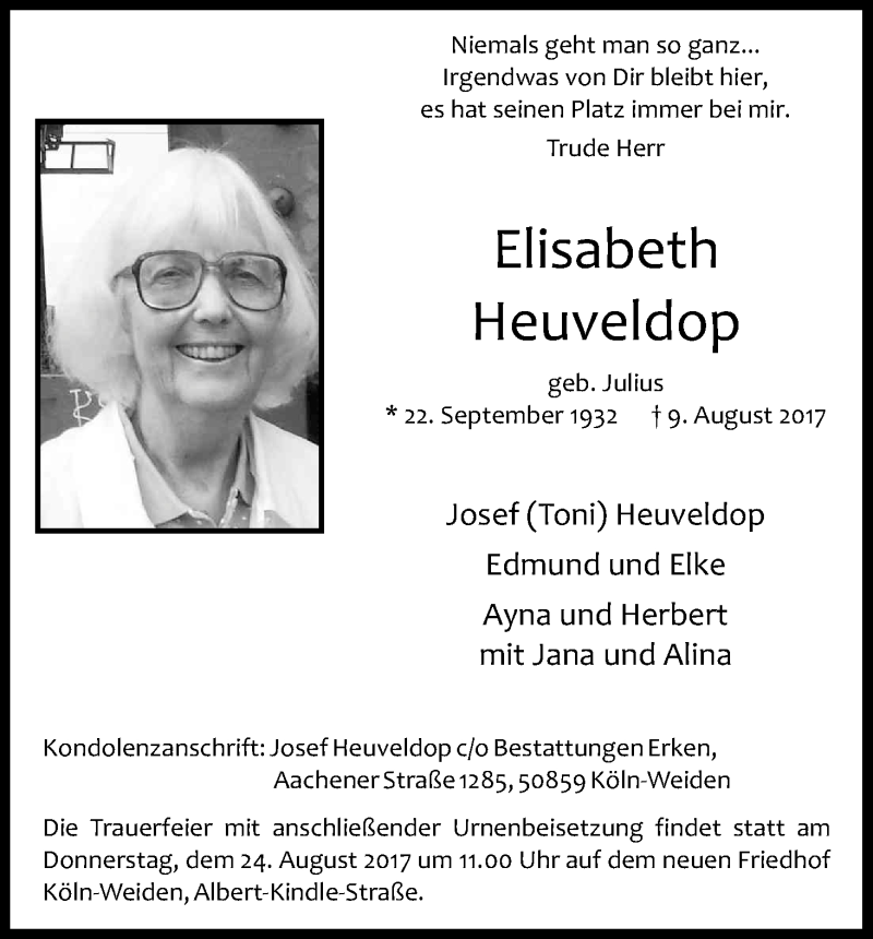  Traueranzeige für Elisabeth Heuveldop vom 19.08.2017 aus Kölner Stadt-Anzeiger / Kölnische Rundschau / Express