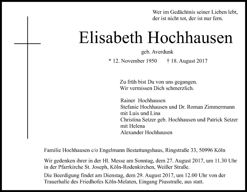  Traueranzeige für Elisabeth Hochhausen vom 26.08.2017 aus Kölner Stadt-Anzeiger / Kölnische Rundschau / Express